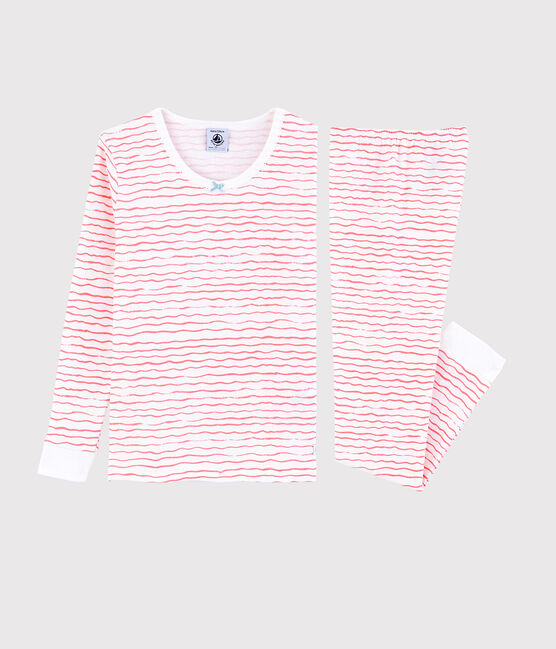 Snugfit-Kinderpyjama aus Baumwolle mit rosafarbenen Wellen für Mädchen weiss MARSHMALLOW/rosa GRETEL