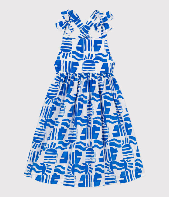 Langes Kinder-Trägerkleid aus bedruckter Baumwolle blau MARSHMALLOW/ PORCELANA
