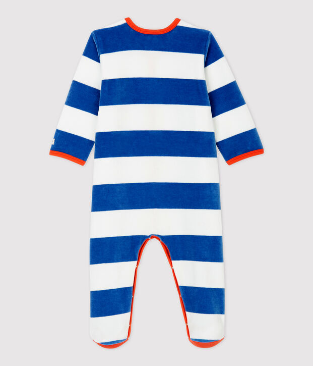 Baby-Strampler aus Velours mit blauen Streifen blau/beige
