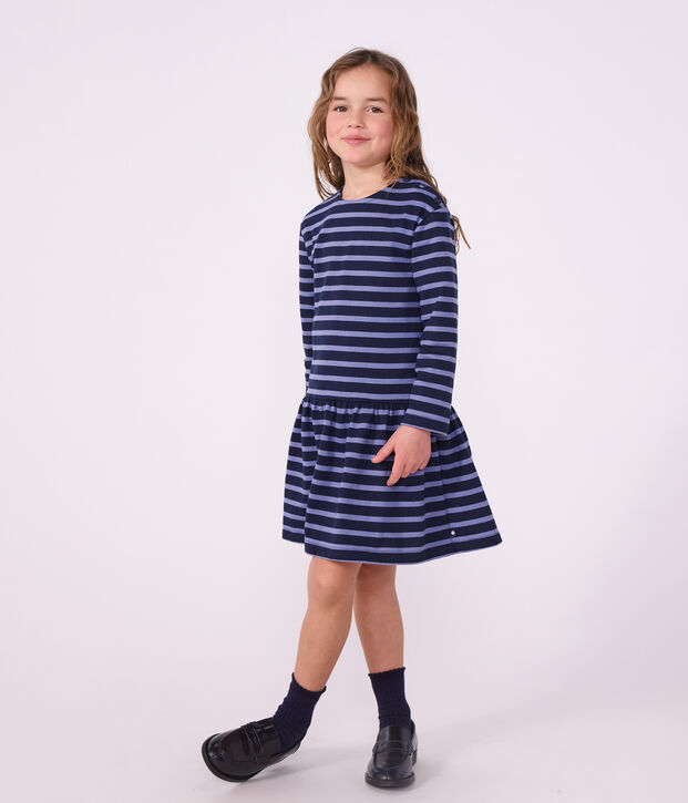 Lang&auml;rmeliges Kinder-Kleid aus Baumwolle mit Streifen blau/violett