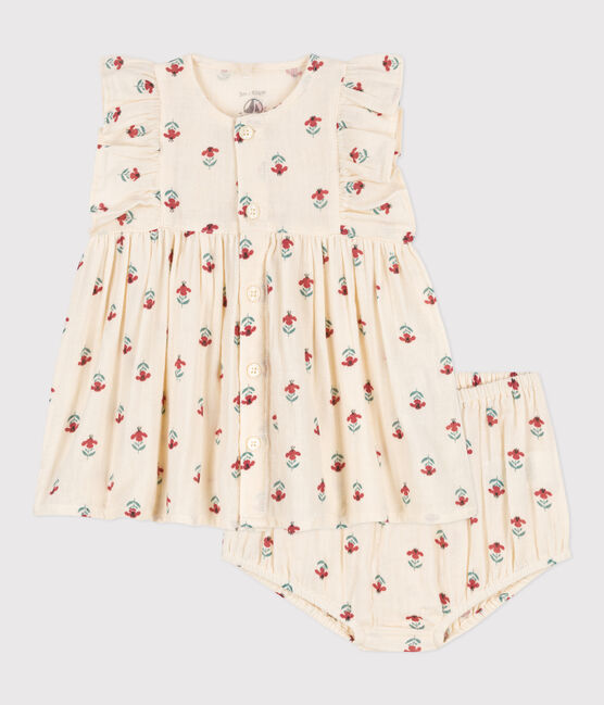 Babykleid mit Bloomers aus bedruckter Baumwollgaze weiss AVALANCHE/ MULTICO