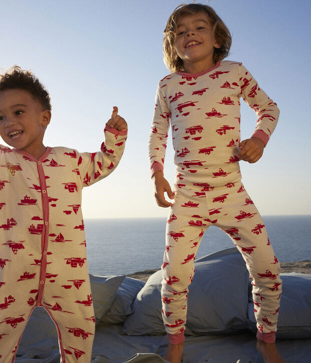Kinderpyjama Le Havre aus Doppeljersey weiss/rot