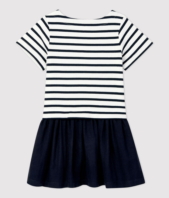 Kleid aus Bio-Baumwolljersey und -Musselinstoff für Mädchen weiss MARSHMALLOW/blau SMOKING