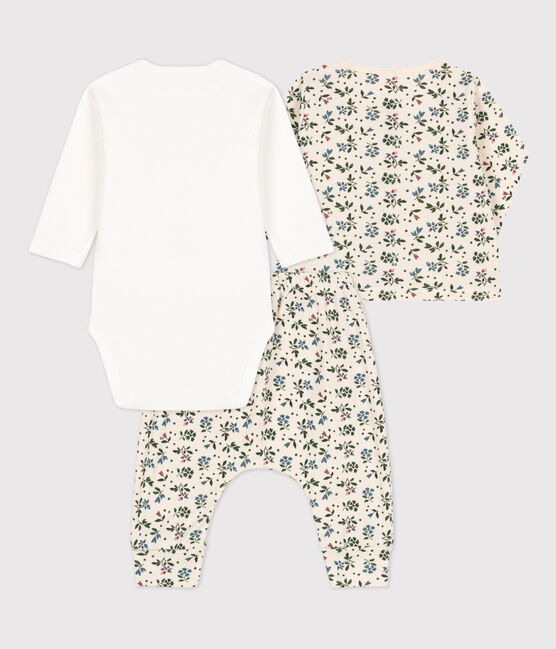 Dreiteiliges Baby-Set aus geblümter Baumwolle weiss AVALANCHE/ MULTICO