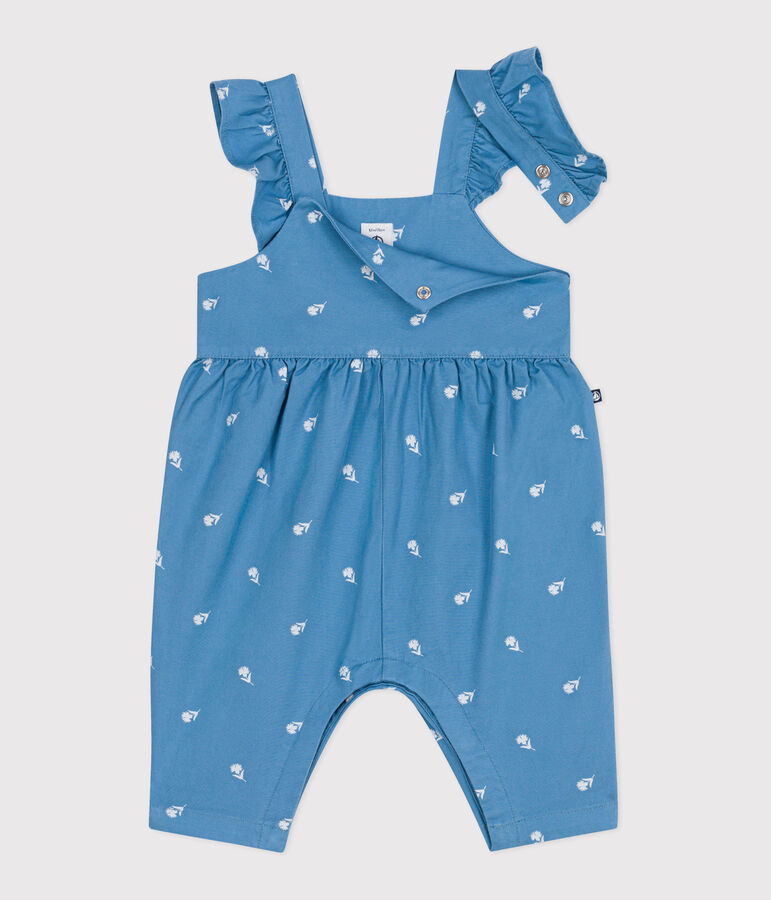 Langbeinige Baby-Latzhose aus Baumwolle mit bestickten Blumen blau/weiss
