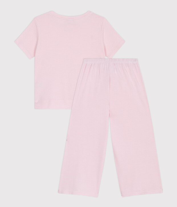 Kurz&auml;rmeliger Kinder-Pyjama aus Baumwolle mit weiten Beinen und Streifen rosa/weiss