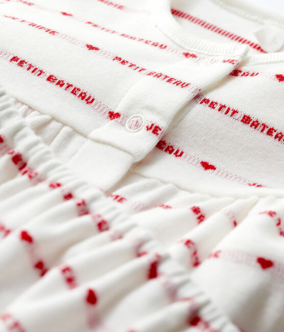Kurzärmeliges Baby-Kleid mit Bloomer-Shorts aus Bio-Baumwoll-Jacquard für Mädchen weiss MARSHMALLOW/rot TERKUIT