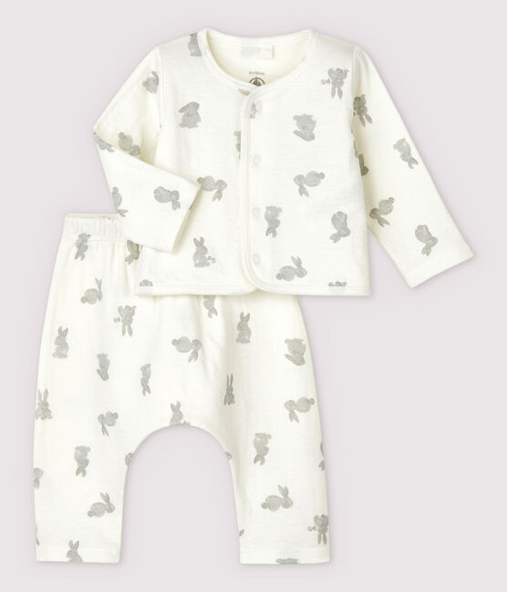 Zweiteiliges Baby-Set aus Doppeljersey aus Bio-Baumwolle mit Kaninchen-Motiv weiss MARSHMALLOW/grau GRIS