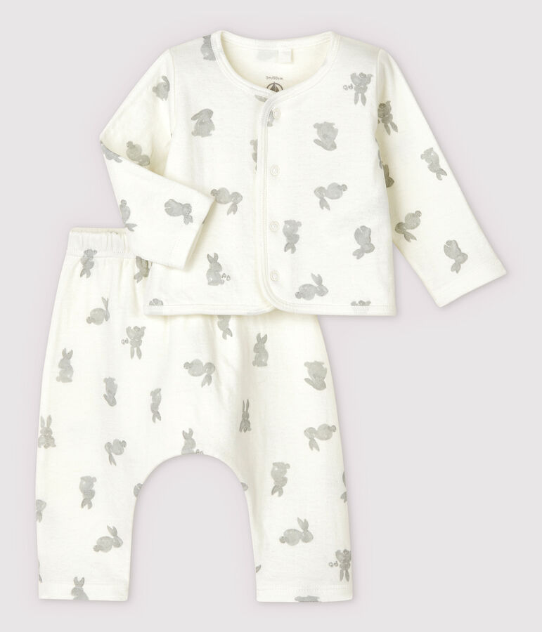 Zweiteiliges Baby-Set aus Doppeljersey aus Bio-Baumwolle mit Kaninchen-Motiv weiss/grau