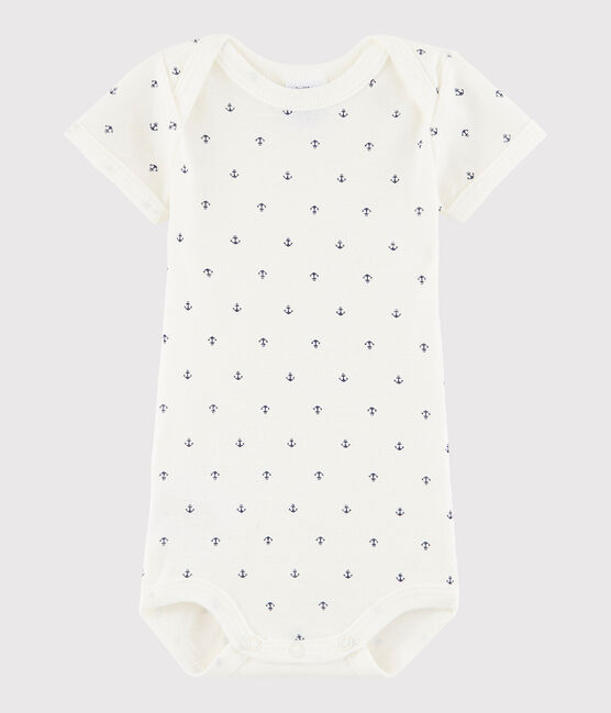 Kurzärmeliger Baby-Body Jungen weiss LAIT/blau MEDIEVAL