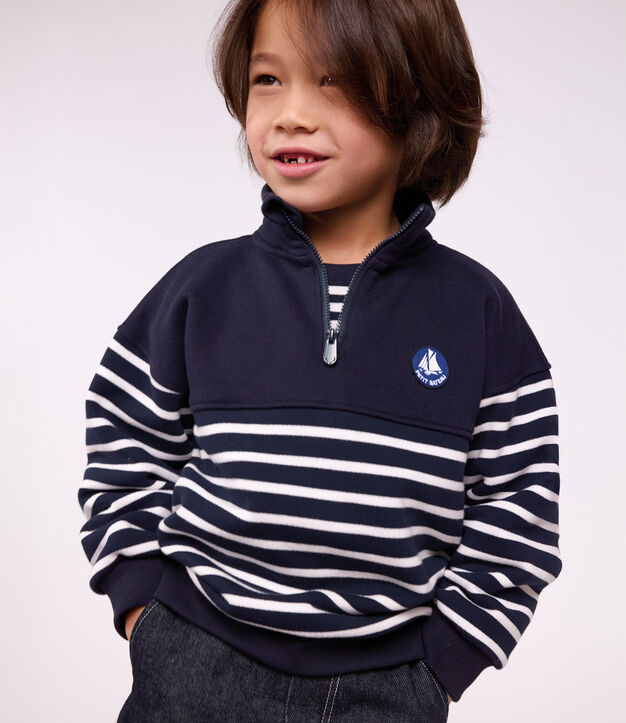 Kinder-Sweatshirt mit Rei&szlig;verschluss-Kragen aus gestreifter Baumwolle blau/weiss