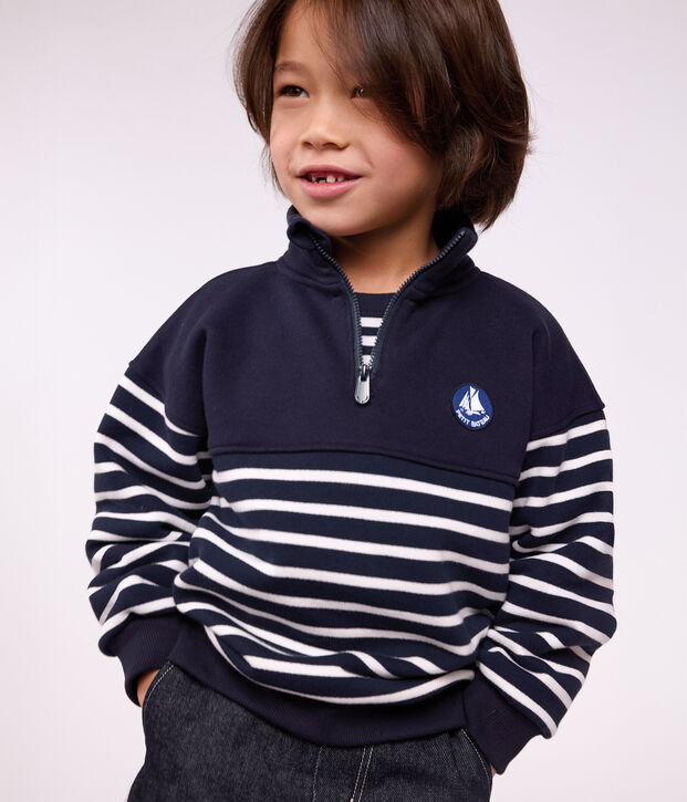Kinder-Sweatshirt mit Rei&szlig;verschluss-Kragen aus gestreifter Baumwolle blau/weiss