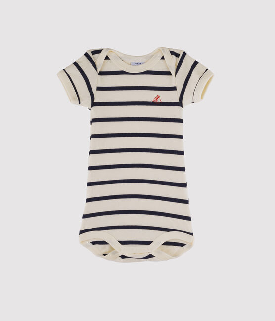 Kurzärmeliger Baby-Body für Mädchen - Jungen beige COQUILLE/blau SMOKING