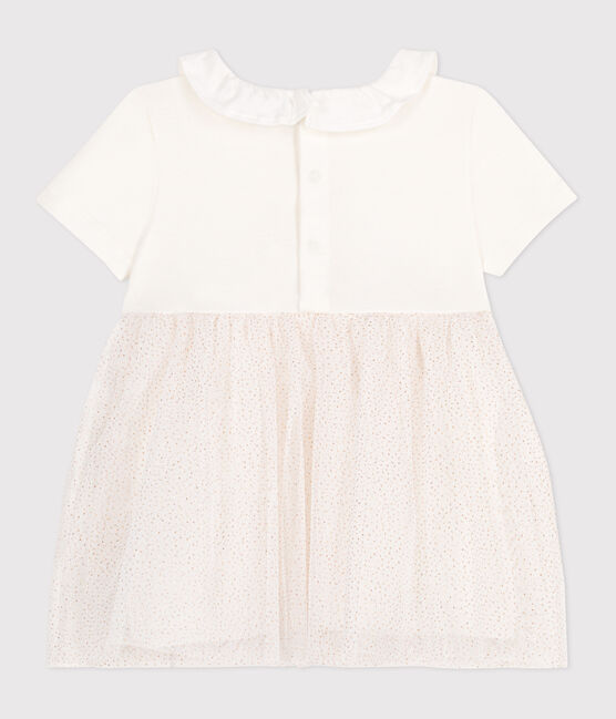 Kurzärmeliges Baby-Kleid aus Baumwolle und Tüll mit Halskrause weiss MARSHMALLOW/rosa COPPER
