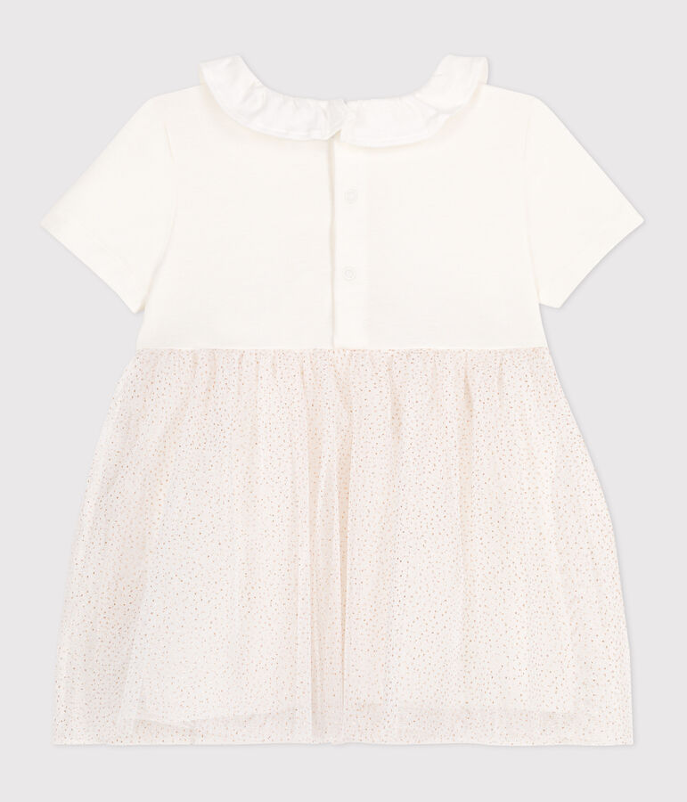Kurz&auml;rmeliges Baby-Kleid aus Baumwolle und T&uuml;ll mit Halskrause weiss/rosa