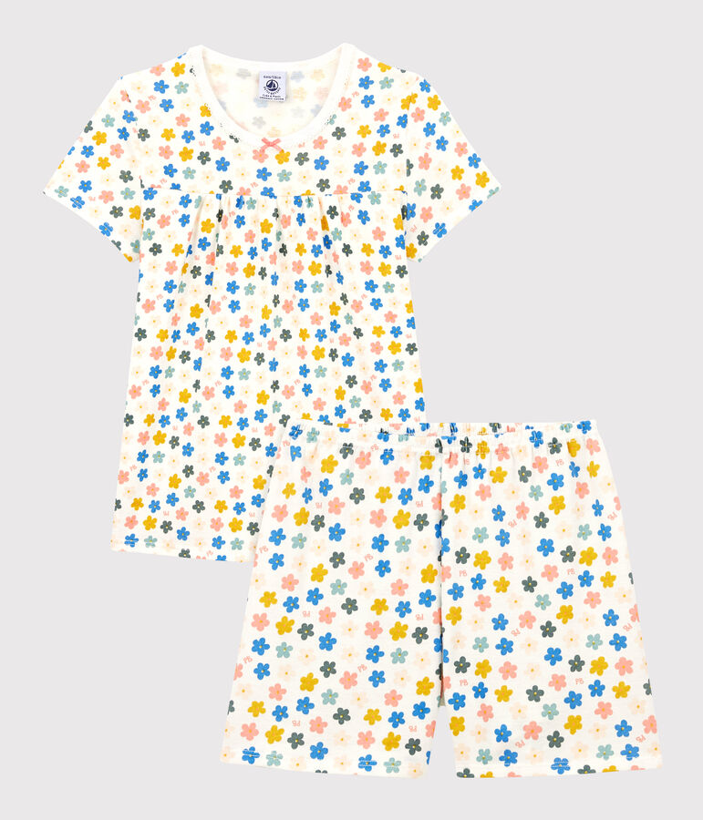 Kinderkurzpyjama aus Baumwolle mit phosphoreszierenden Blumen f&uuml;r M&auml;dchen weiss MARSHMALLOW/weiss MULTICO