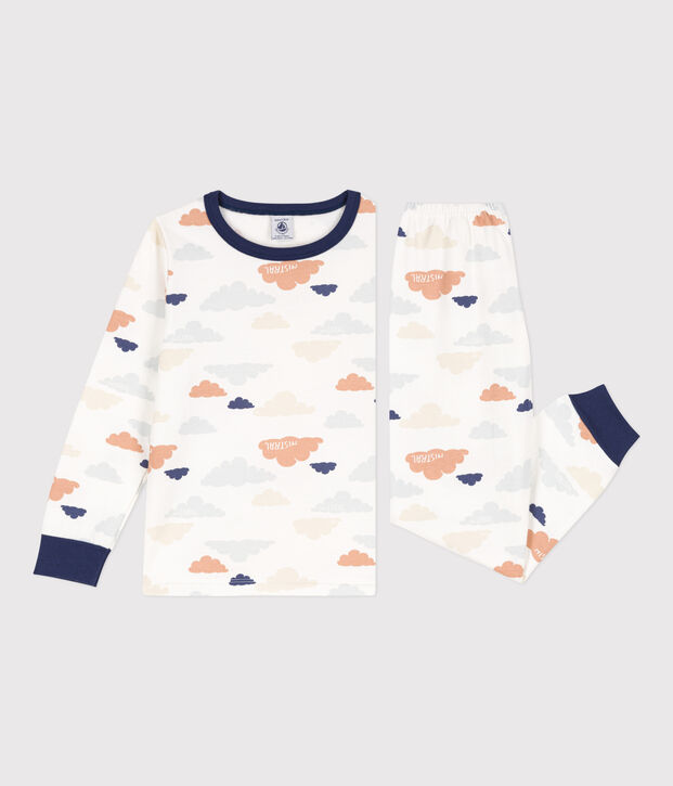 Kinderpyjama aus Molton mit Wolkenmotiv weiss/vielfarbig