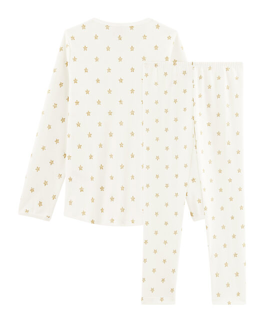 Rippstrick-Pyjama mit Sternen für kleine Mädchen weiss MARSHMALLOW/gelb OR