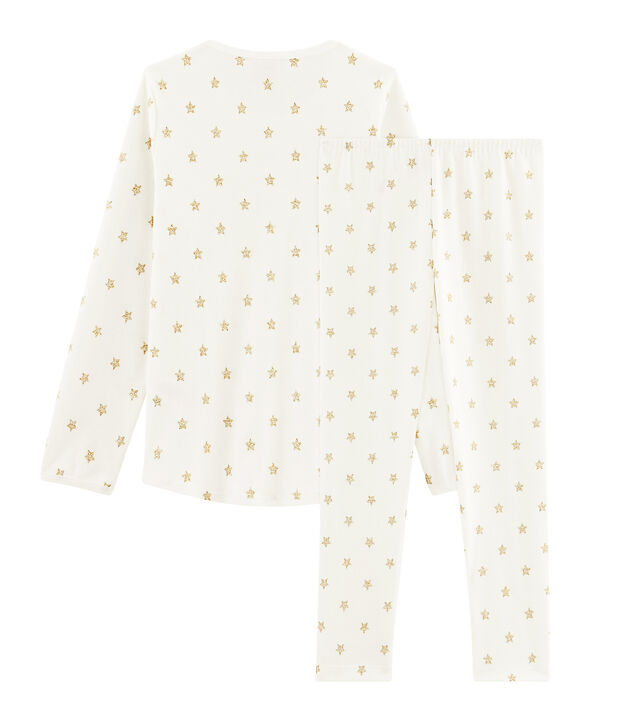 Rippstrick-Pyjama mit Sternen f&uuml;r kleine M&auml;dchen weiss/gelb