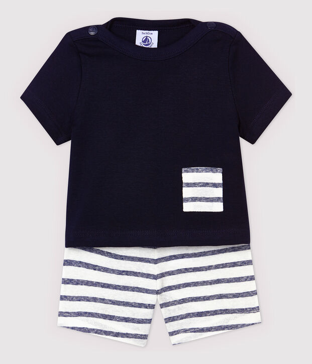 Baby-Ensemble aus T-Shirt/Shorts aus Baumwolle/Leinen f&uuml;r Jungen blau/weiss