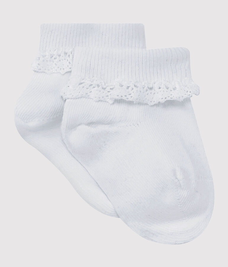 Einfarbige M&auml;dchen-Socken mit Spitzenbesatz weiss