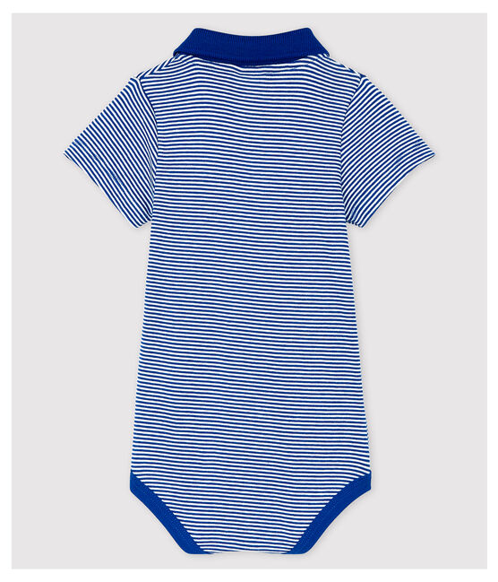 Kurzärmeliger Baby-Body mit Polo-Kragen aus Baumwolle für Jungen blau SURF/weiss MARSHMALLOW