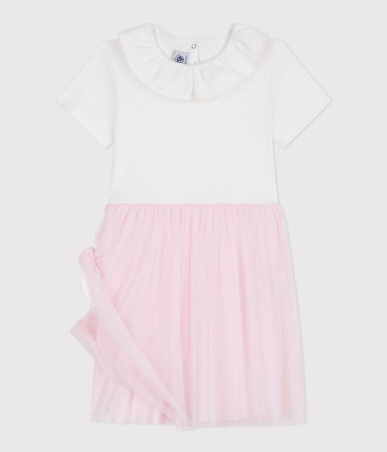 Kurz&auml;rmeliges Kinder-Kleid aus Baumwolle und T&uuml;ll mit Herzmotiv rosa/rosa