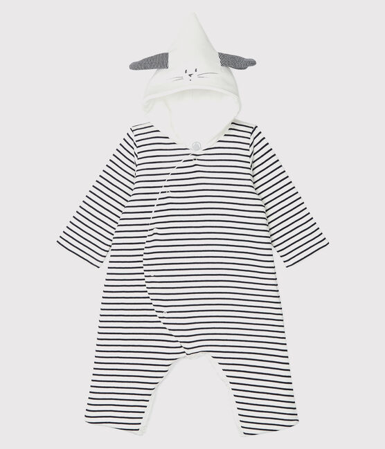 Langer, gestreifter Baby-Overall aus Bio-Baumwolle mit Kapuze weiss MARSHMALLOW/blau SMOKING