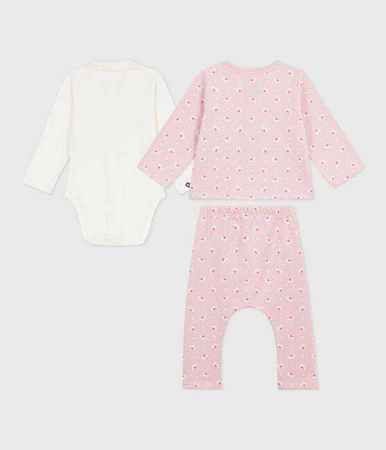3-teiliges Baby-Set mit Herz- und Blumenmotiv und bestickter Body rosa JOLI/weiss MULTICO