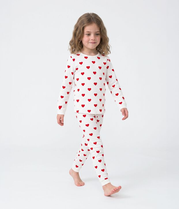 Kinderpyjama aus Rippstrick mit Herzchen f&uuml;r M&auml;dchen weiss/rot