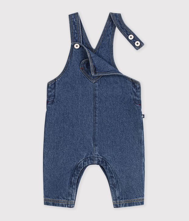 Langbeinige Baby-Latzhose aus Jeansstoff mit Tasche in Herzform blau