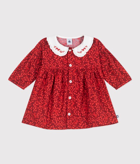 Langärmeliges Baby-Kleid aus Baumwolle mit Muster und besticktem Kragen rot AMARANTE/ TERKUIT