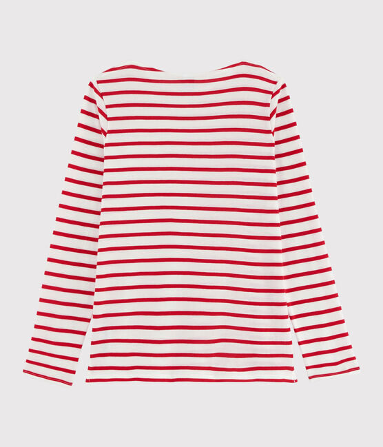 Gestreiftes T-Shirt für Mädchen und Jungen weiss MARSHMALLOW/rot PEPS