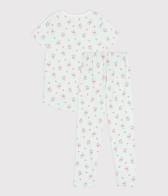 Kurzärmeliger Kinder-Pyjama mit langer Hose aus geblümter Baumwolle weiss MARSHMALLOW/weiss MULTICO