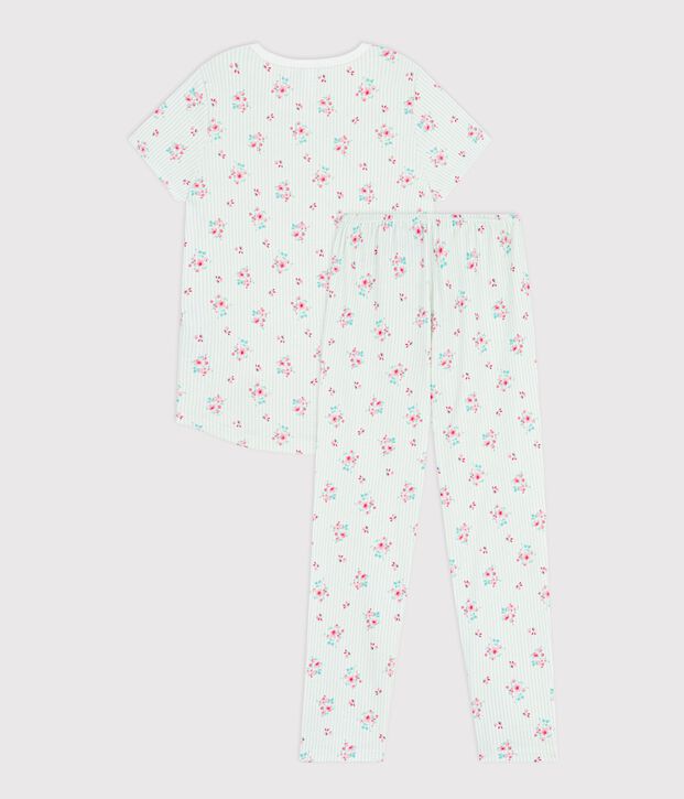 Kurz&auml;rmeliger Kinder-Pyjama mit langer Hose aus gebl&uuml;mter Baumwolle weiss/vielfarbig