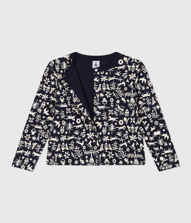 Kinder-Cardigan aus gestepptem Doppeljersey mit Aufdruck f&uuml;r M&auml;dchen blau/naturfarben