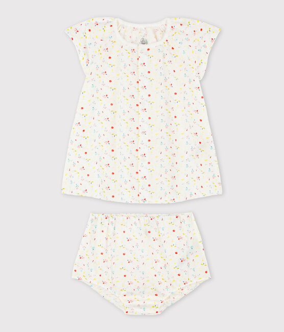 Kurzärmeliges Baby-Kleid mit Bloomers für Mädchen weiss MARSHMALLOW/weiss MULTICO