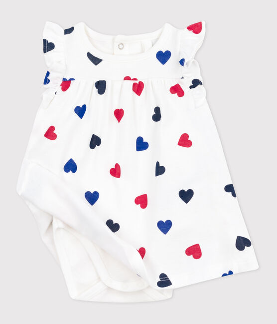 Kurzärmeliges Baby-Kleid aus Baumwolle mit integriertem Body und dreifarbigem Herzmotiv weiss MARSHMALLOW/weiss MULTICO