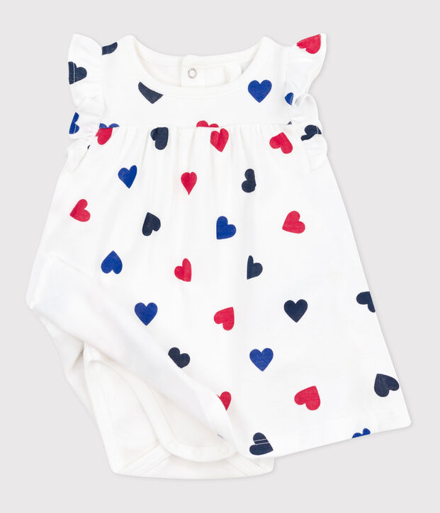 Kurz&auml;rmeliges Baby-Kleid aus Baumwolle mit integriertem Body und dreifarbigem Herzmotiv weiss/vielfarbig