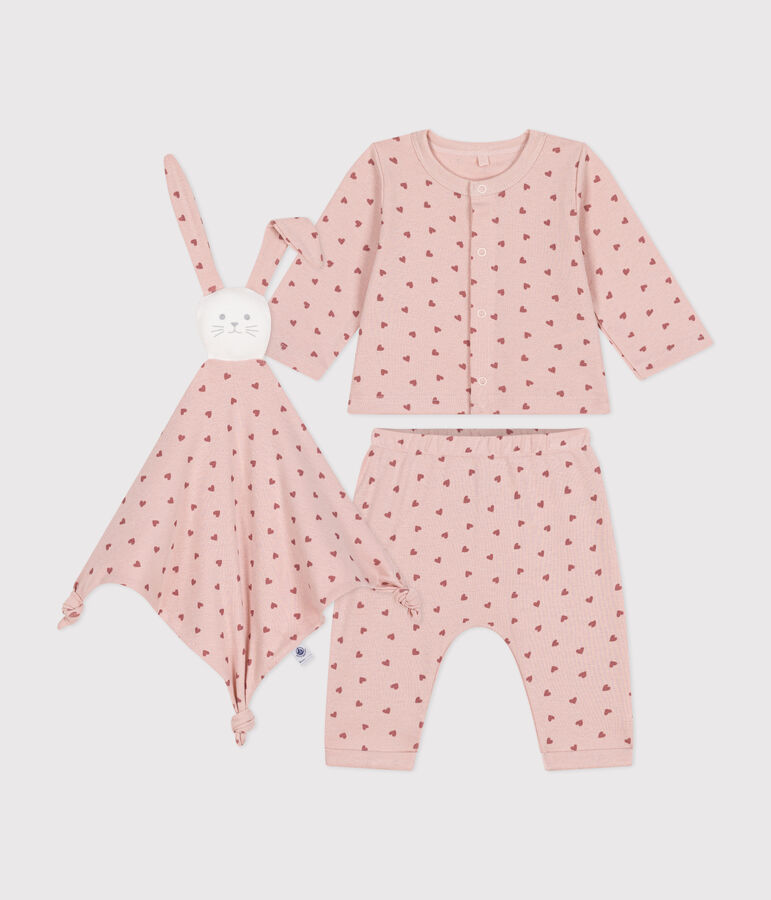 Baby-Set Cardigan, Hose und Kuscheltier aus Baumwolle rosa/rosa