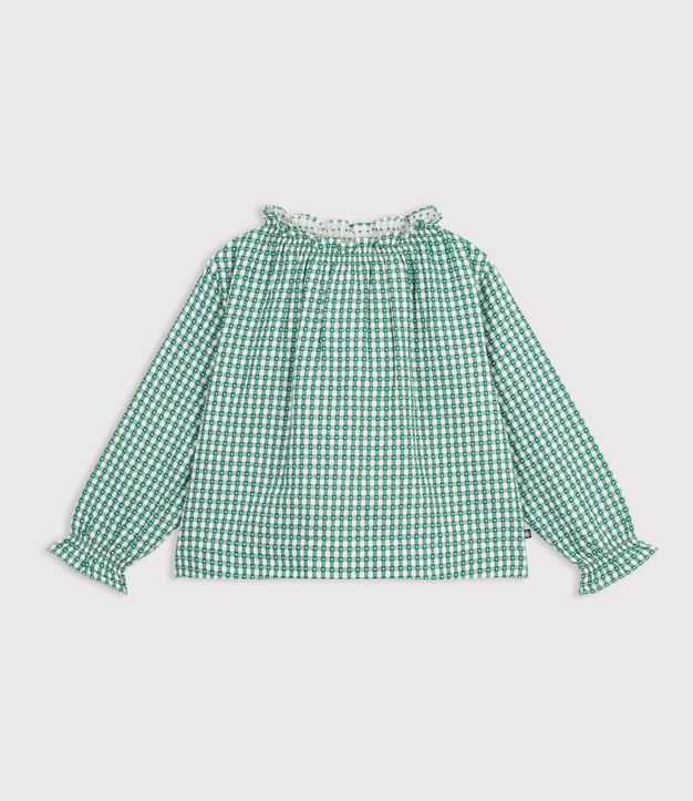 Lang&auml;rmelige Kinder-Bluse aus Baumwolle mit Kragen und Muster gr&uuml;n/weiss