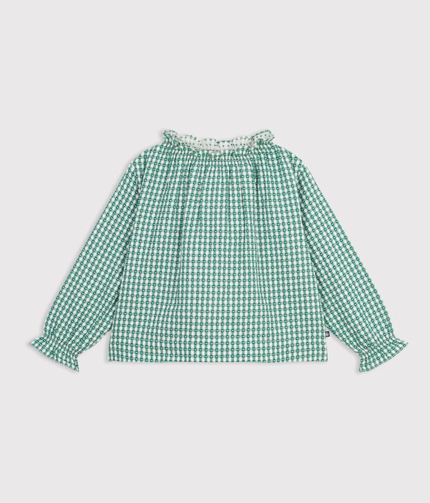 Lang&auml;rmelige Kinder-Bluse aus Baumwolle mit Kragen und Muster gr&uuml;n/weiss