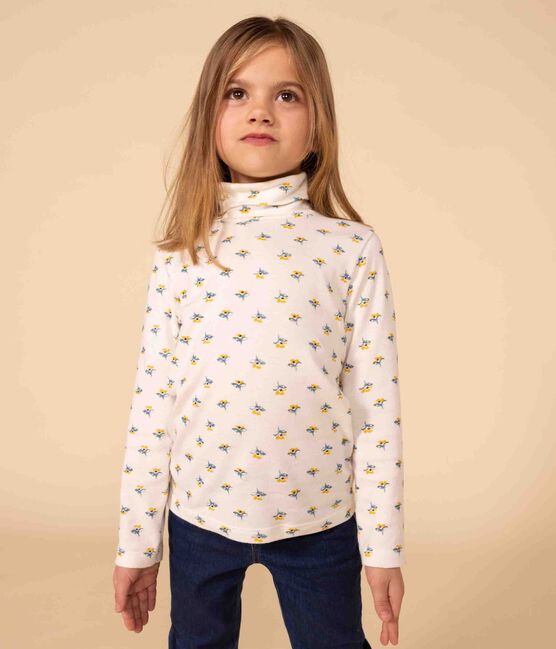 Kinder-Rollkragenshirt aus Baumwolle mit Blumenmuster für Mädchen weiss MARSHMALLOW/weiss MULTICO