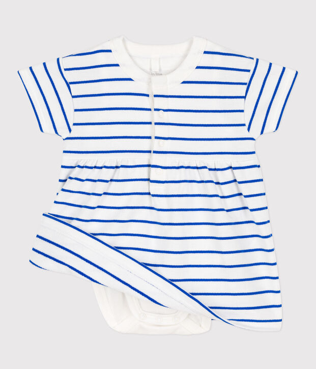 Babykleid aus Molton mit integriertem Body weiss/blau