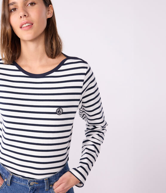 Langärmeliges Damen-Streifenshirt "Marinière" aus Baumwolle weiss MARSHMALLOW/blau SMOKING