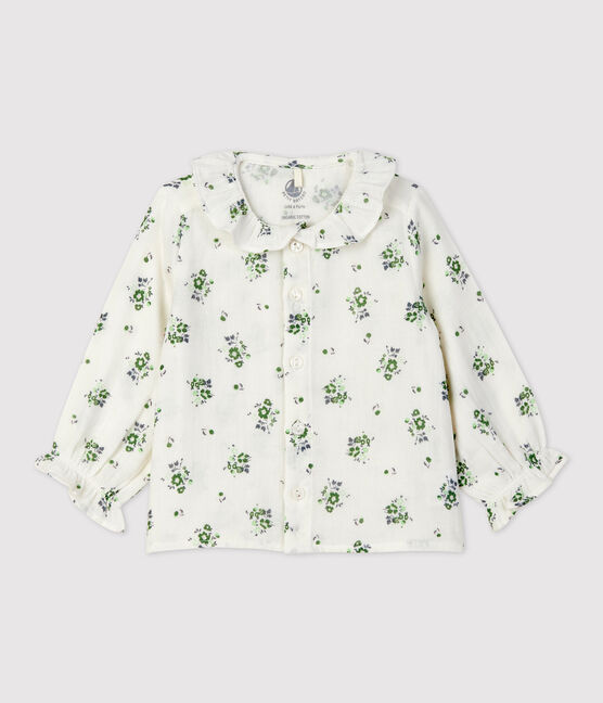 Langärmelige Babybluse aus Bio-Musselin-Stoff mit Blumenmuster weiss MARSHMALLOW/weiss MULTICO