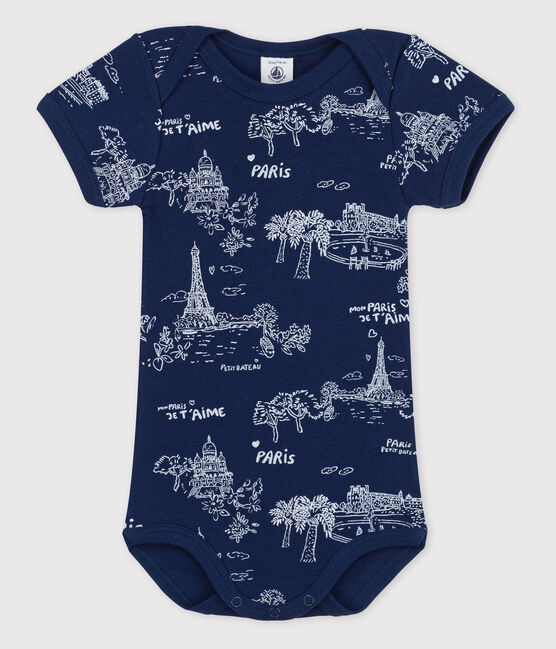 Kurzärmeliger Baby-Body für Mädchen blau MEDIEVAL/weiss ECUME