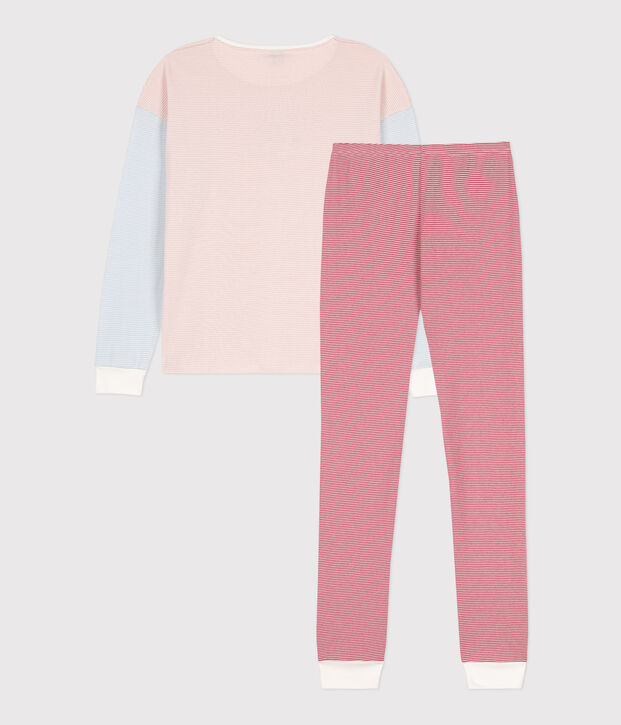 Pyjama aus Baumwolle mit dreifarbigen Ringelstreifen f&uuml;r Damen weiss/vielfarbig