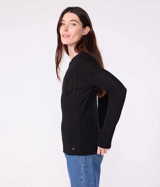 Langärmeliges Damen-T-Shirt L’Iconique aus Baumwolle mit Lochstickerei schwarz BLACK