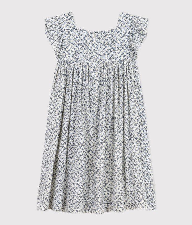 &Auml;rmelloses Kinder-Kleid mit Printmotiv aus Musselin f&uuml;r M&auml;dchen naturfarben/blau